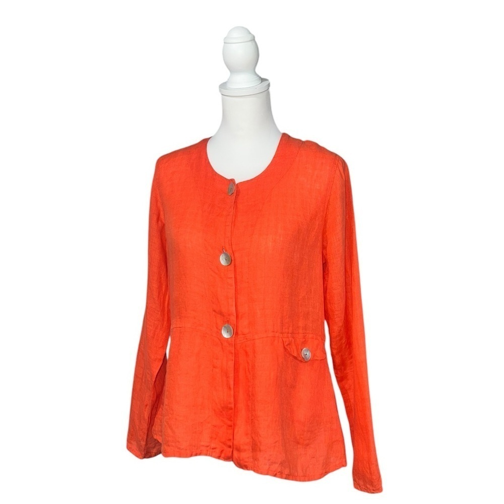 FLAX CORAL ORANGE LINEN LONG SLEEVE BUTTON DOWN  PETITE TUNIC SHIRT - Me… - Picture 4 of 10